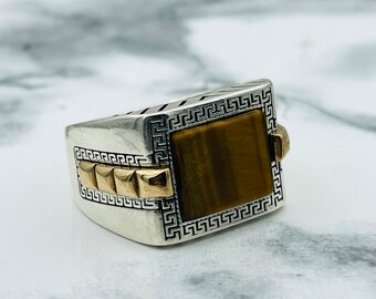 Tiger Eye Stone Men's Ring: Handmade Ottoman Style 925 Sterling Silver