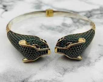 Emerald Micro Stone 925K Sterling Silver Tiger Cuff Bracelet