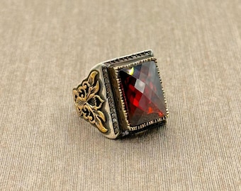 Red Ruby Sterling Silver Men's Ring: Ottoman Handcrafted Design