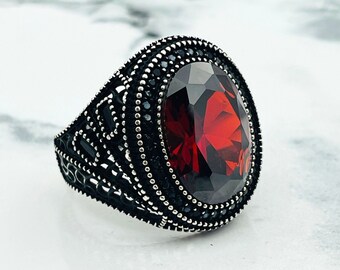 Oxidized Sterling Silver Men's Ring: Red Ruby Ottoman Fusion