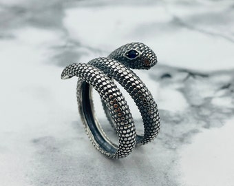 Sterling Silver Snake Ring with Sapphire Eyes - Adjustable Handmade Jewelry