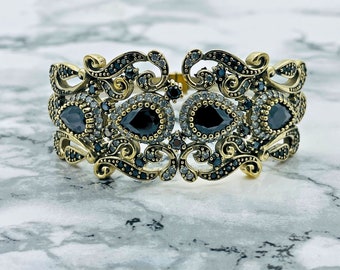 Black Onyx Ottoman Cuff Bracelet: Adjustable Vintage Style
