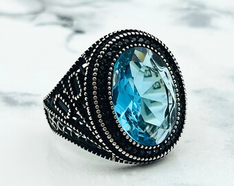 Aquamarine Stone Oval Men's Ring: Oxidized Sterling Silver, Handmade