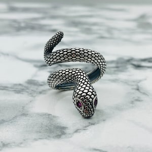 Può includere: Un anello a forma di serpente in argento con occhi di pietre preziose viola. Il serpente è avvolto e la testa è rivolta in avanti.