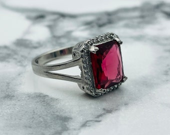 925K Sterling Silver Rose Red Garnet Ring, Rectangle Stone, Women Ring