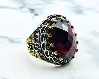 Ruby Stone Men's Ring: Handmade 925 Sterling Silver Ottoman Style