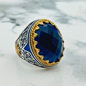 Sapphire Stone Ring Men&#39;S, Flower Detailed Silver Ring, 925 Sterling Silver, Blue Stone Ring,  Exquisite Blue Gemstone in Sterling Silver