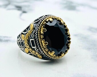 Black Onyx Stone Men's Ring: Handmade 925 Sterling Silver Ottoman Ring