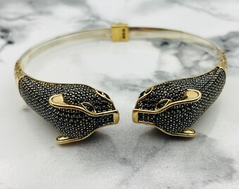 925K Sterling Silver Tiger Cuff Bracelet: Onyx Micro Stone, Handmade