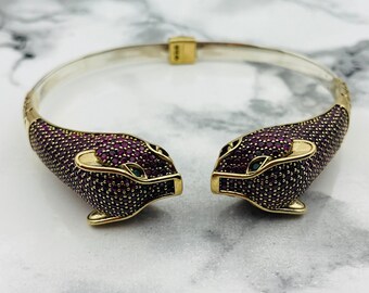 Sterling Silver Tiger Cuff Bracelet: Pink Ruby Micro Stone, Handmade