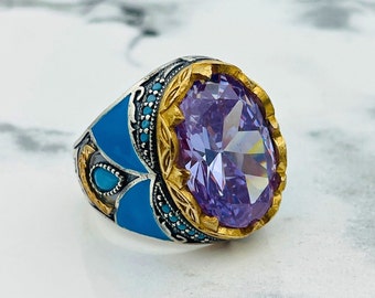 Amethyst Sterling Silver Men's Ring: Handmade Turkish Ottoman Style