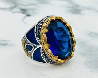Sapphire Stone Men's Ring: Handmade 925 Sterling Silver Ottoman Ring