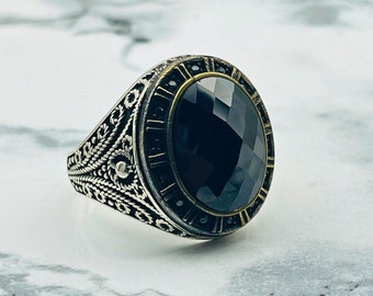 Black Onyx Stone Oval Men's Ring, Modern & Ottoman Fusion,  925 Sterling Silver Men's Ring, Handmade Men's Ring, Gift for Him