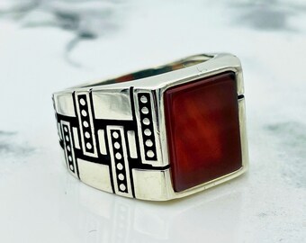 Mens Red Agate Stone Silver Ring: Turkish Ottoman Style