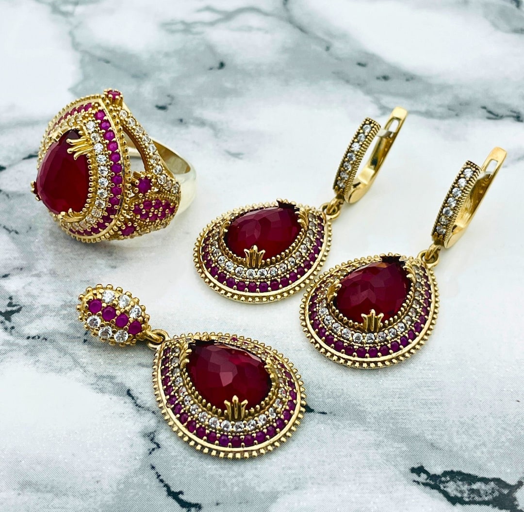 Women's Red Ruby Set, 925 Sterling Silver Ottoman Style Women's ...