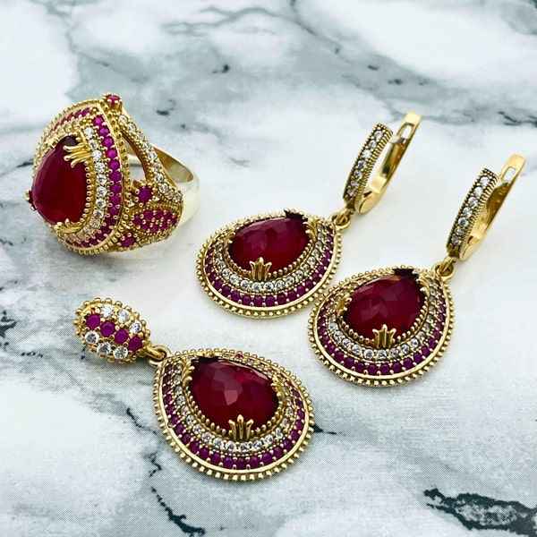 Women's Red Ruby Set, 925 Sterling Silver Ottoman Style Women's Necklace, Ring and Earring Set, Authentic Turkish Handmade Jewelry