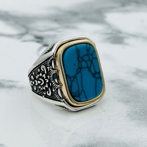 Anillo de hombre de piedra turquesa de ley 925, anillo de patrón de flor de piedra turquesa, anillo de estilo otomano, anillo hecho a mano turco, regalo para el marido