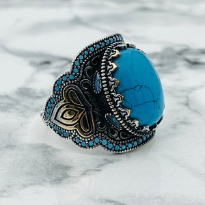 Anillo de hombre de piedra turquesa ovalada de ley 925, anillo de piedra natural, anillo de estilo otomano, anillo turco hecho a mano, regalo para el marido