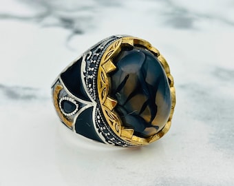 Yemen Aqeeq Stone Men's Ring: Handmade 925 Sterling Silver Ottoman Style