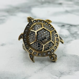 Leopard Pattern Zircon-Onyx-Citrine Tortoise Ring, 925 Sterling Silver Tortoise, Turkish Handmade Ring, Ladies Ring, Jewelry Gift For Women