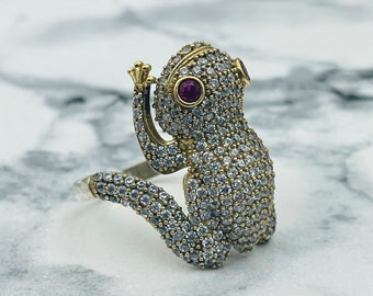 Lady Frog Figure Ring, 925 Sterling Silver White Zircon Stone  Frog Ring, Animal Lover Ring, Authentic Ring, Animal Jewelry, Gift for Her