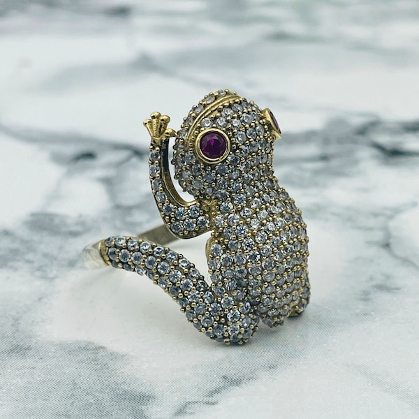Sterling Silver Frog Ring, White Zircon Animal Jewelry, Frog Accessory, 925K
