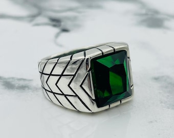 Men's Emerald Sterling Silver Ring: Handmade Ottoman Style Jewelry