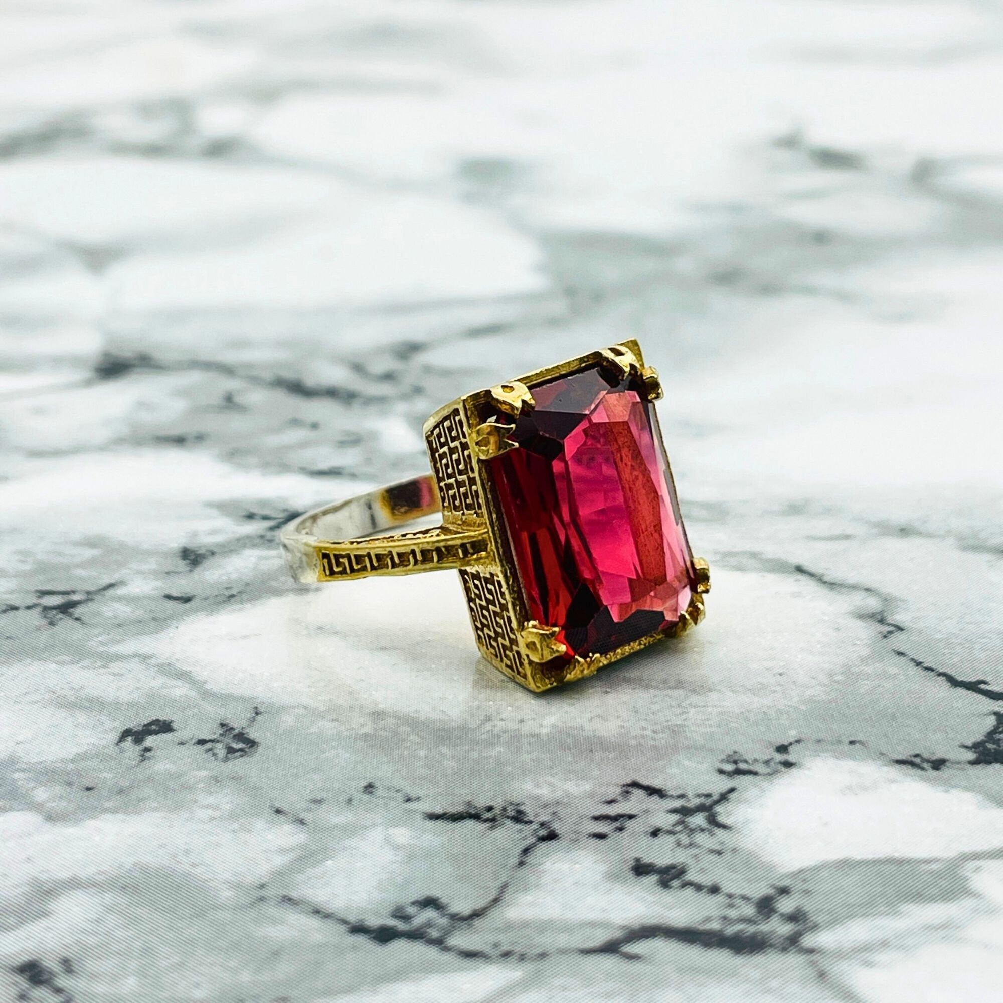 Ruby Stone Women Authentic Ring, Rectangle Ring, Vintage Ring, Antique Style Ring, 925K Ruby Ring, Turkish Handmade Ring, Gift For Women