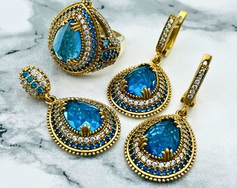 Aquamarine Jewelry Set, Sterling Silver Ottoman Necklace, Ring & Earrings, Aquamarine Stone, 925K, Gift