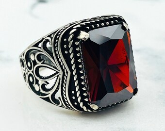 Sterling Silver Men's Ring: Handmade Turkish Ottoman Ruby Stone
