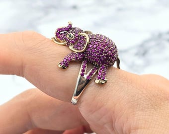 Ruby Elephant Ring: 925k Sterling Silver Animal Jewelry
