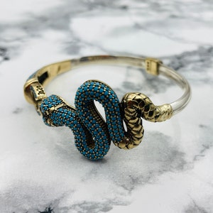 925K Silver Snake Bracelet: Turquoise Micro Stone Ottoman Handmade Bangle
