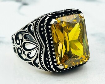 Sterling Silver Men's Citrine Ring: Turkish Handmade Ottoman Style