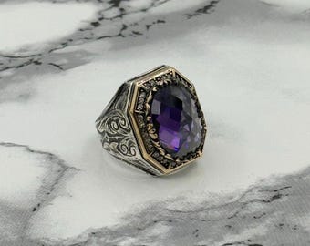 Amethyst Sterling Silver Men's Ring: Gold-Plated Ottoman Style