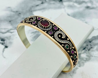 Ottoman Turkish Ruby Silver Bracelet: Handmade Vintage Style