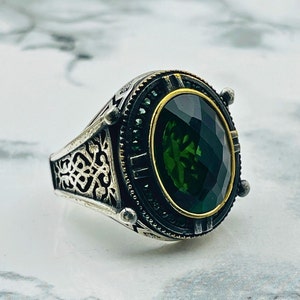 Emerald Stone Oval Men&#39;s Ring, Modern & Ottoman Style, 925 Sterling Silver Men&#39;s Ring, Handmade Men&#39;s Ring, Men&#39;s Jewelry, Gift for Him