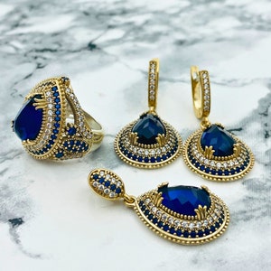 Women&#39;s Sapphire Set, 925 Sterling Silver Ottoman Style Women&#39;s Necklace, Ring and Earring Set, Authentic Turkish Handmade Jewelry