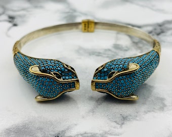 Sterling Silver Tiger Cuff Bracelet: Turquoise Micro Stone, Ottoman Style