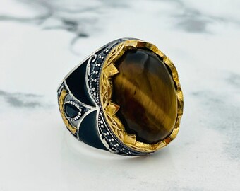 Tiger Eye Stone Men's Ring: Handmade 925 Sterling Silver Ottoman Ring
