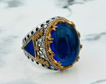 Blue Agate Stone Men's Ring: Handmade 925 Sterling Silver Ottoman Ring