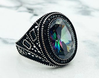 Mystic Topaz Stone Oval Men's Ring: Oxidized Sterling Silver, Handmade