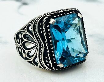 Sterling Silver Men's Aquamarine Ring: Turkish Ottoman Style