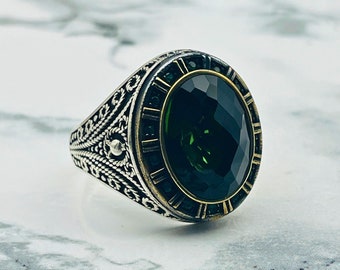 Emerald Stone Oval Men's Ring, Modern & Ottoman Fusion,  925 Sterling Silver Men's Ring, Handmade Men's Ring, Gift for Him