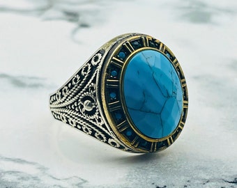 Turquoise Stone Oval Men's Ring, Modern & Ottoman Fusion,  925 Sterling Silver Men's Ring, Handmade Men's Ring, Gift for Him