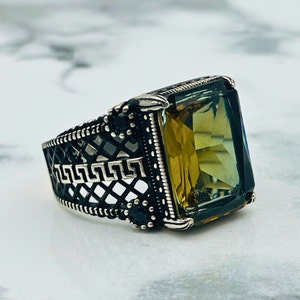 925 Sterling Silver Men&#39;s Alexandrite Stone Ring, Turkish Handmade Ring, Square Cut Ring, Mens Jewelry, Ottoman Style Ring, Gifts Ring
