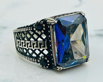 Anello Uomo In Argento 925 Con Tanzanite E Zaffiro - Taglio Quadrato 8x12 Mm, Misura 52 (16.6 Mm), Per Fidanzamento O Matrimonio - 2