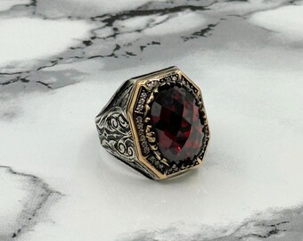 Handmade Ruby Sterling Silver Men's Ring: Ottoman Style Jewelry