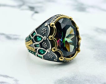 Mystic Topaz Stone Men's Ring: 925 Sterling Silver Ottoman Ring