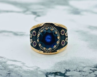 Sapphire Blue Stone Ring: Antique Style 925K Sterling Silver Ottoman Ring