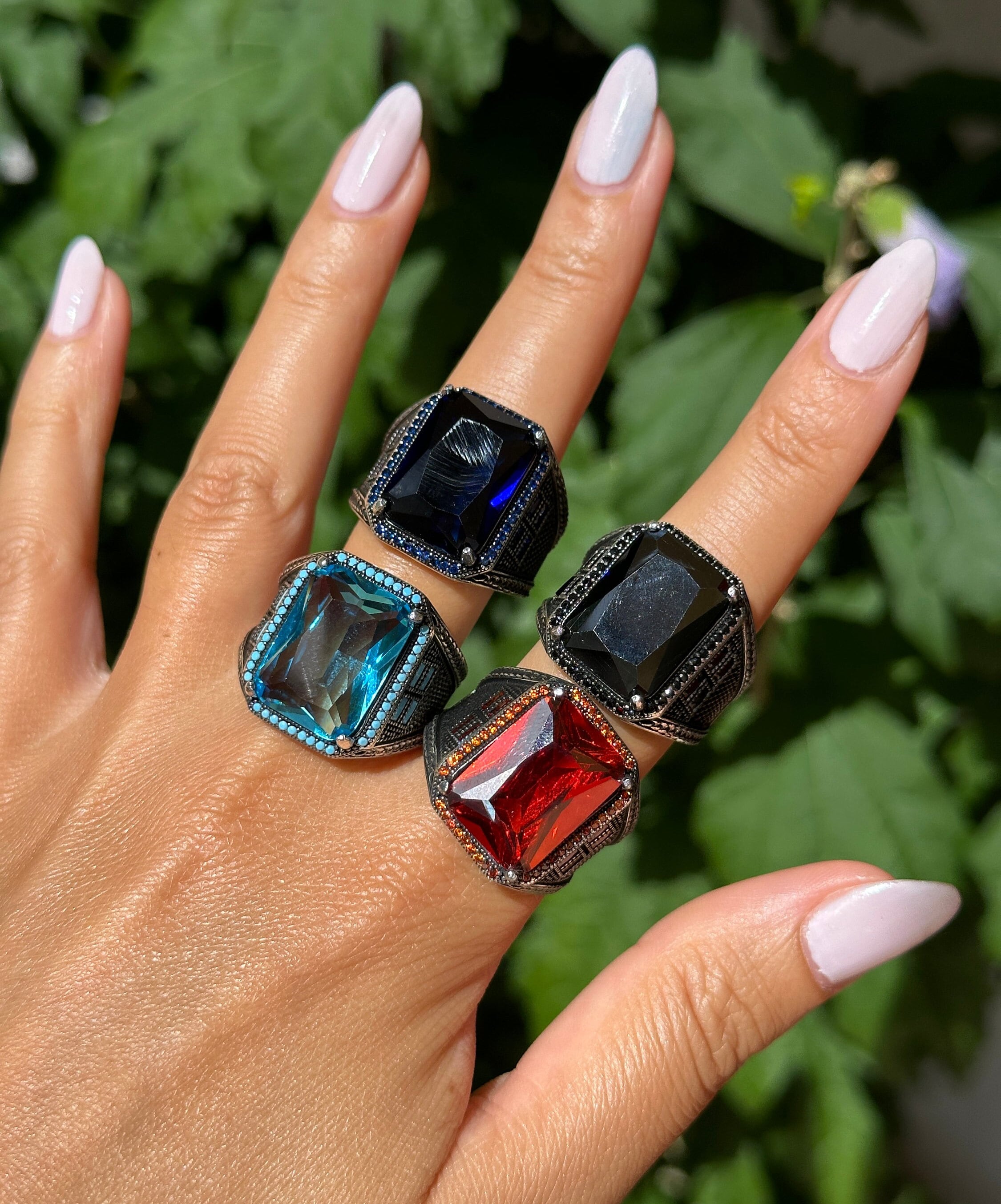 925 Sterling Silver Square Stone Men's Ring, Red Garnet